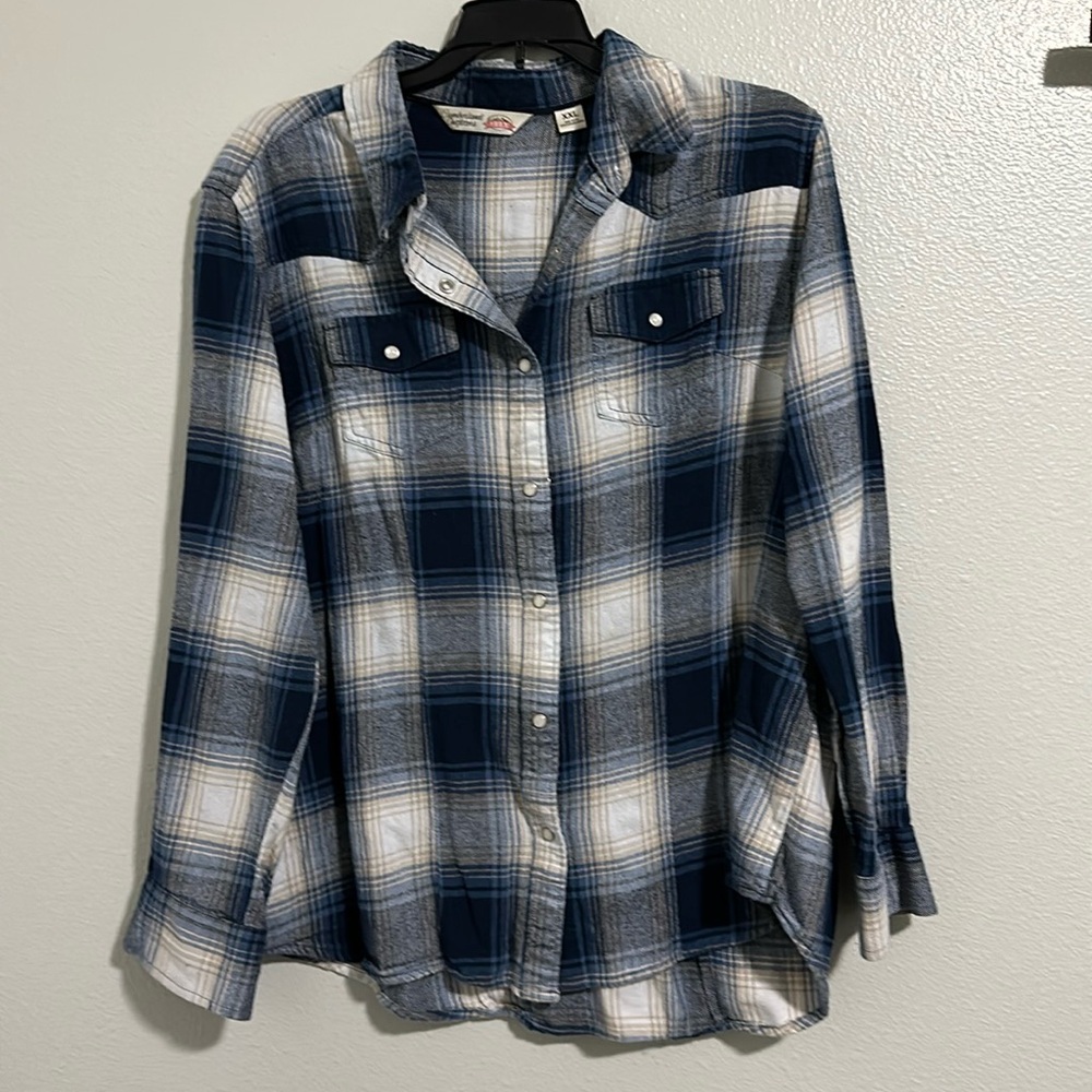 Blue and tan long sleeve pearl snap flannel shirt